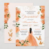 Butterflies & Peach Rozen Quinceanera Invitation Kaart (Voorkant / Achterkant)