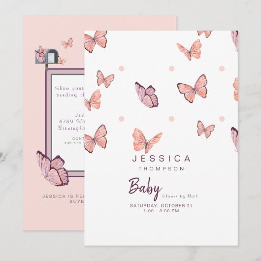 Butterflies Peach & White Baby shower by Mail Kaart (Voorkant / Achterkant)