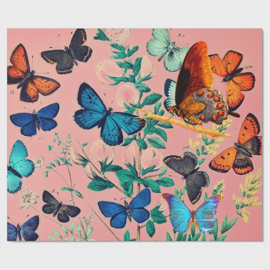 BUTTERFLIES PINK WRAPPING PAPIER (Vlak)