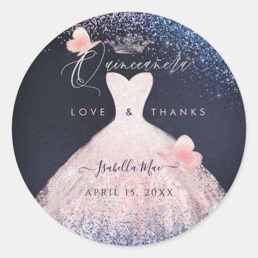 Butterflies Quinceanera Blush Glitter Gown Ronde Sticker (Voorkant)