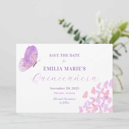 Butterflies Quinceañera Save The Date (Staand voorkant)