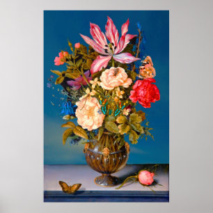 Butterflies roos vase table flower arrangement poster
