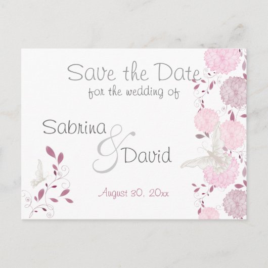 Butterflies & Roze chrysanthemum Opslaan Datum Aankondigingskaart (Voorkant)