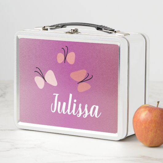 Butterflies Roze faux Glitter Name Metal Lunch Box (In situ)