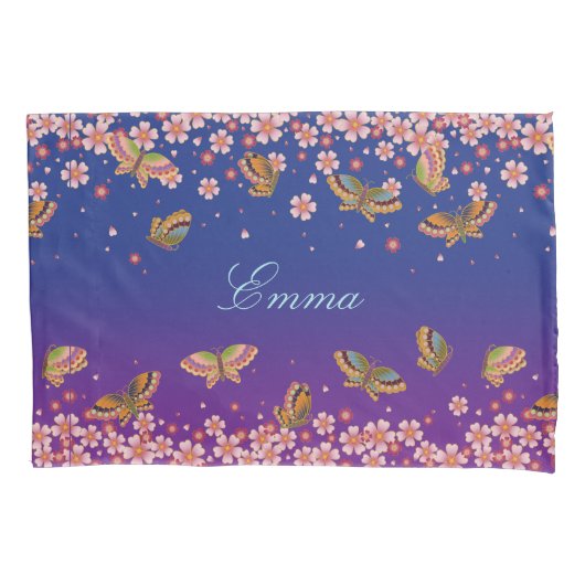 Butterflies & Sakura Blossom Blue Personalized Kussensloop (Voorkant)