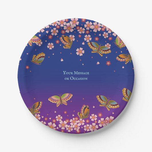 Butterflies Sakura Blossom Blue Personalized Papieren Bordje (Voorkant)
