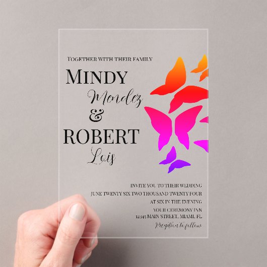 Butterflies Script Rainbow Wedding Invitation Acryl Uitnodigingen (Insitu (Draagbaar))