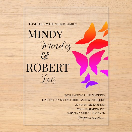 Butterflies Script Rainbow Wedding Invitation Acryl Uitnodigingen (Voorkant)