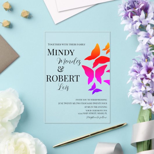 Butterflies Script Rainbow Wedding Invitation Acryl Uitnodigingen (Insitu (Huwelijk))