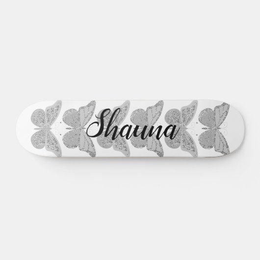 Butterflies Silver Grey Sparkle gepersonaliseerd Persoonlijk Skateboard (Horizontaal)