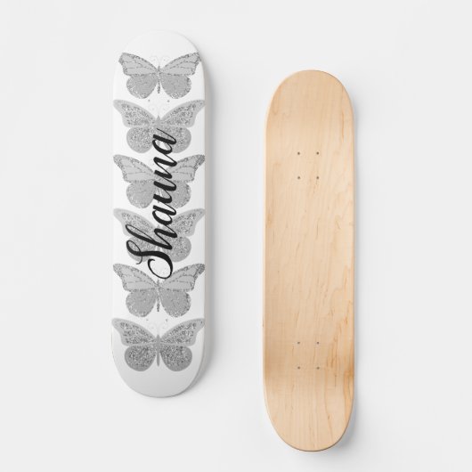Butterflies Silver Grey Sparkle gepersonaliseerd Persoonlijk Skateboard (Voorkant)