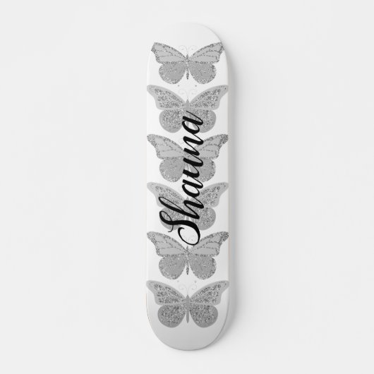 Butterflies Silver Grey Sparkle gepersonaliseerd Persoonlijk Skateboard (Voorkant)