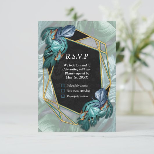Butterflies van Paradise/Tropische Turquoise Splas RSVP Kaartje (Staand voorkant)