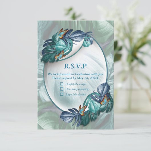 Butterflies van Paradise/Tropische Turquoise Splas RSVP Kaartje (Staand voorkant)