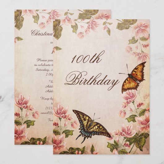 Butterflies & Vintage Almond Blossom 100th Kaart (Voorkant / Achterkant)