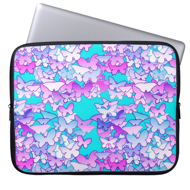 Butterflies, violet en turquoise laptop sleeve (Voorkant)