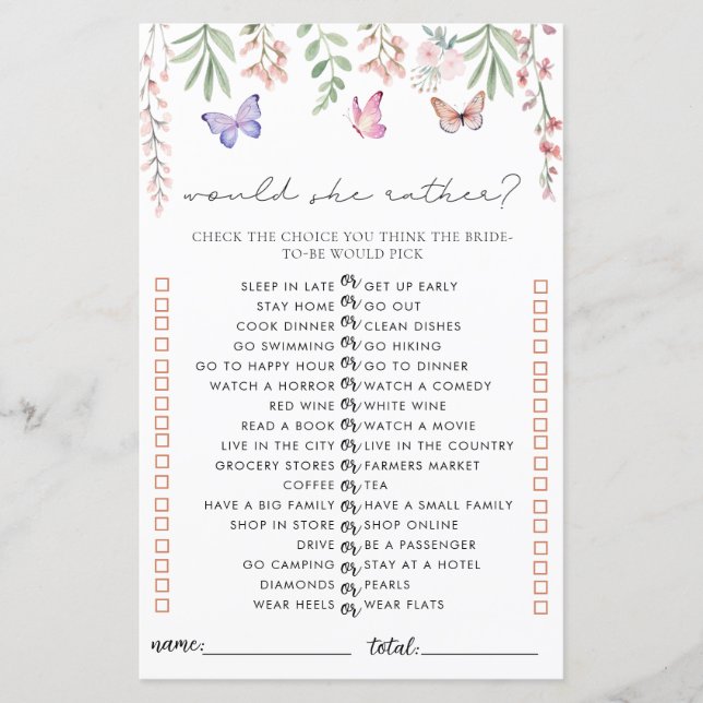 Butterflies Vrijgezellenfeest spel zou ze liever (Voorkant)
