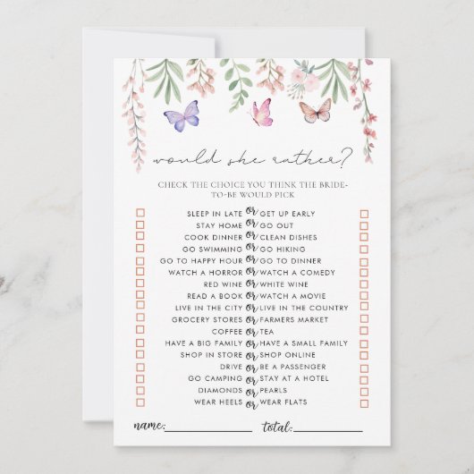 Butterflies Vrijgezellenfeest spel zou ze liever Kaart (Voorkant)