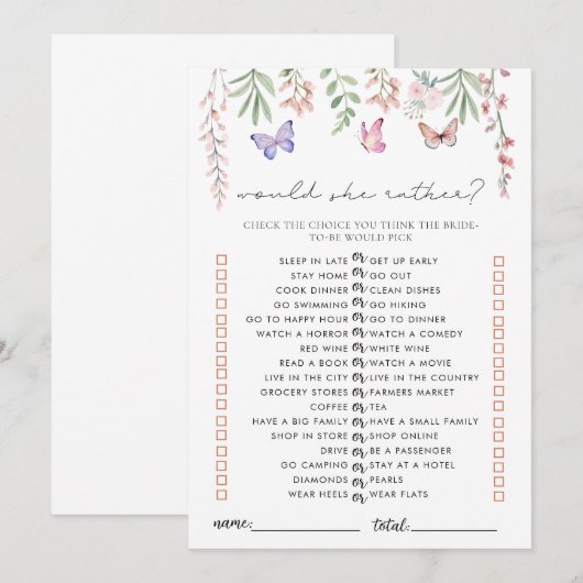 Butterflies Vrijgezellenfeest spel zou ze liever Kaart (Voorkant / Achterkant)