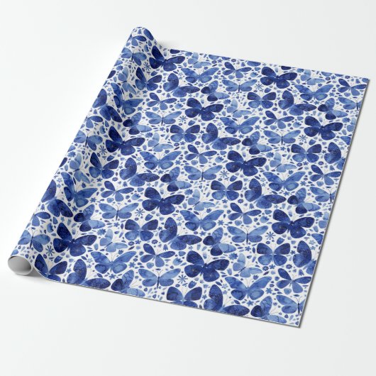 Butterflies Waterverf Blue Cadeaupapier (Uitgerold)