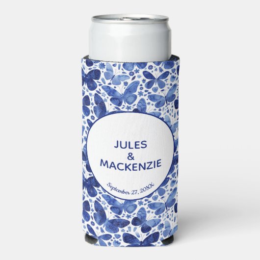 Butterflies Waterverf Blue Modern Wedding Seltzer Blikjeskoeler (Seltzer Voorkant)