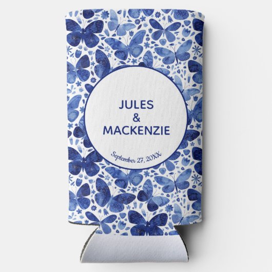 Butterflies Waterverf Blue Modern Wedding Seltzer Blikjeskoeler (Achterkant)