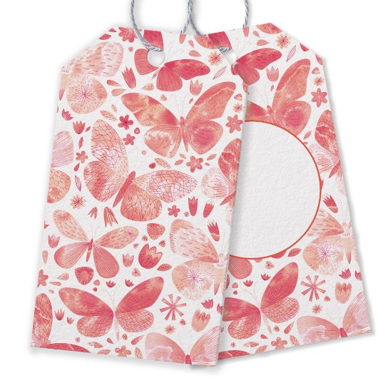 Butterflies Waterverf Coral Pink Cadeaulabel