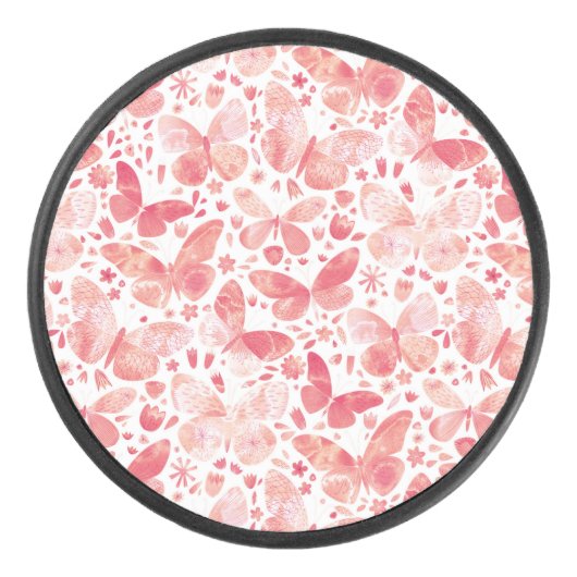 Butterflies Waterverf Coral Pink Hockey Hockey Puck (Voorkant)