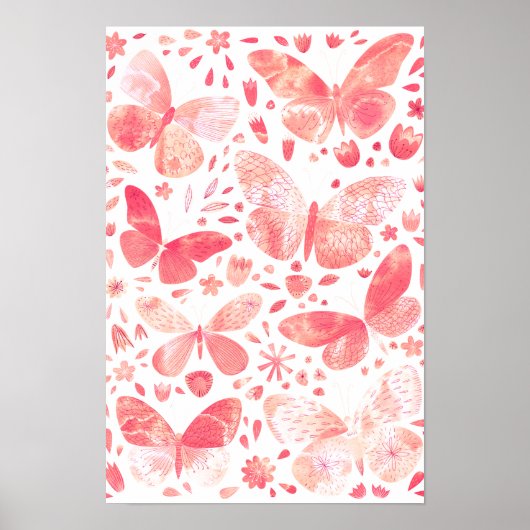 Butterflies Waterverf Coral Pink Poster (Voorkant)