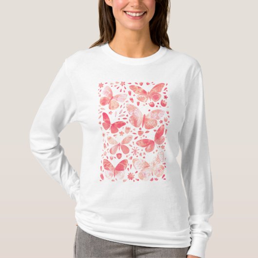 Butterflies Waterverf Coral Pink T-shirt (Voorkant)