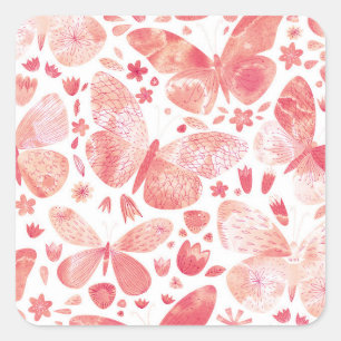 Butterflies Waterverf Coral Pink Vierkante Sticker