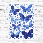 Butterflies Waterverf Indigo Blue Canvas Afdrukken