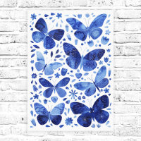 Butterflies Waterverf Indigo Blue Canvas Afdrukken