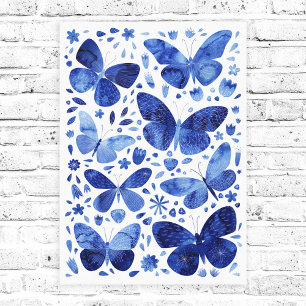 Butterflies Waterverf Indigo Blue Canvas Afdrukken