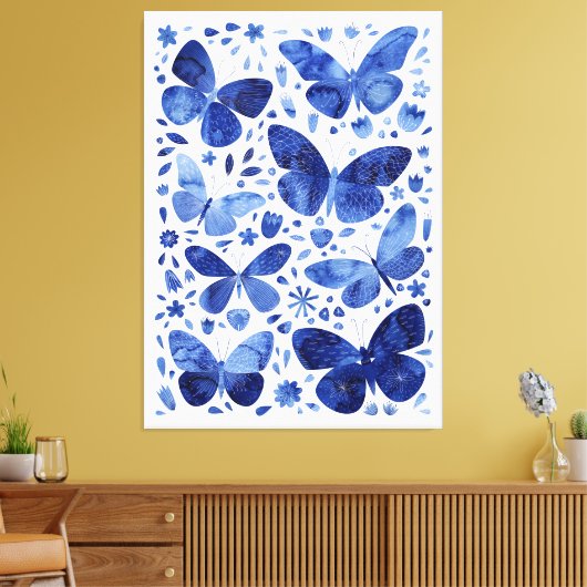 Butterflies Waterverf Indigo Blue Canvas Afdrukken (Insitu (Woonkamer))