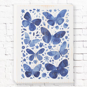Butterflies Waterverf Indigo Blue Houten Kist Print