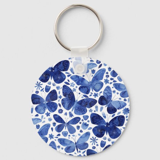 Butterflies Waterverf Indigo Blue Keepslag Sleutelhanger (Voorkant)