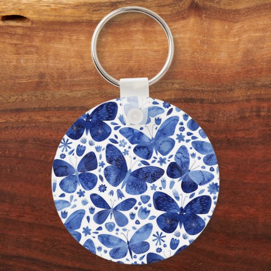 Butterflies Waterverf Indigo Blue Keepslag Sleutelhanger (Voorkant)