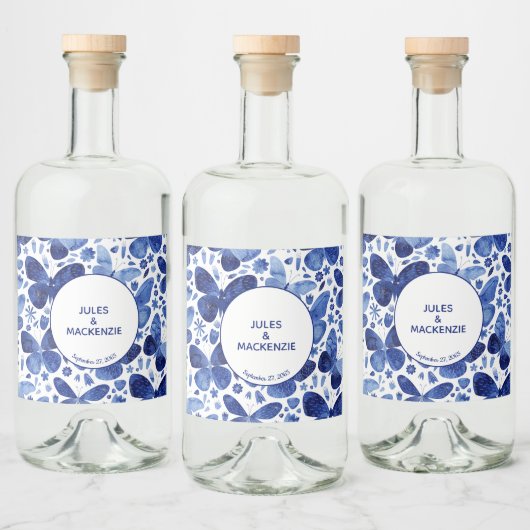 Butterflies Waterverf Indigo Blue Modern Boho Likeurfles Etiket (Flessen)