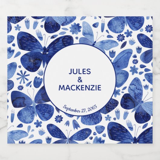 Butterflies Waterverf Indigo Blue Modern Boho Likeurfles Etiket (Enkel label)
