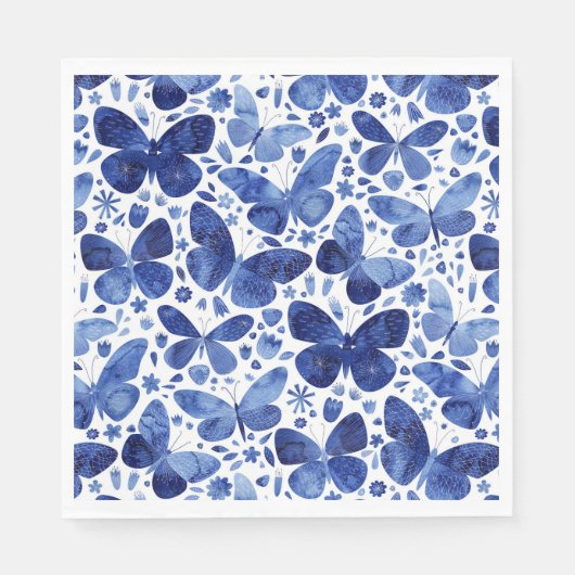 Butterflies Waterverf Indigo Blue Napkins Servet (Voorkant)