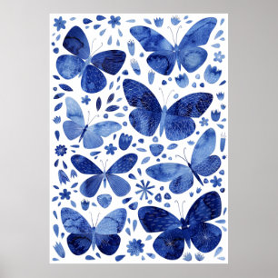 Butterflies Waterverf Indigo Blue Poster