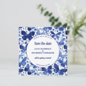 Butterflies Waterverf Indigo Blue Save the Date Kaart (Staand voorkant)