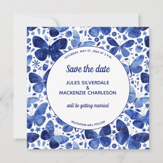 Butterflies Waterverf Indigo Blue Save the Date Kaart (Voorkant)