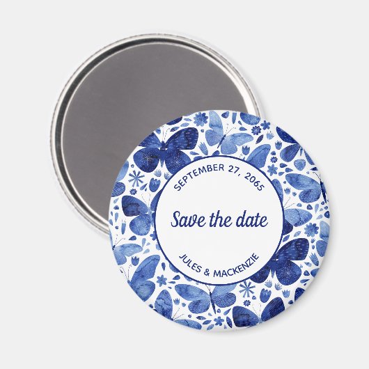Butterflies Waterverf Indigo Blue Save the Date Magneet (Voorkant / Achterkant)