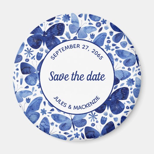 Butterflies Waterverf Indigo Blue Save the Date Magneet (Voorkant)