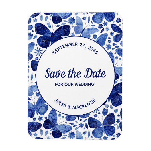 Butterflies Waterverf Indigo Blue Save the Date Magneet (Verticaal)