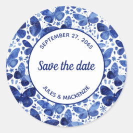 Butterflies Waterverf Indigo Blue Save the Date Ronde Sticker