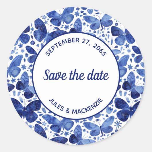 Butterflies Waterverf Indigo Blue Save the Date Ronde Sticker (Voorkant)