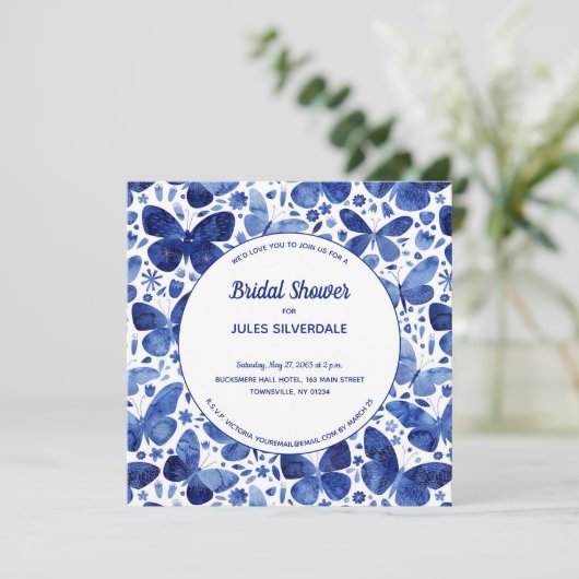 Butterflies Waterverf Indigo Blue Vrijgezellenfees Kaart (Staand voorkant)